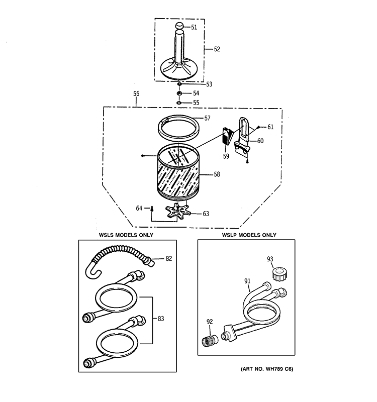 TUB & AGITATOR Diagram and Parts List for WSLS1100H0WW  General Electric Washer