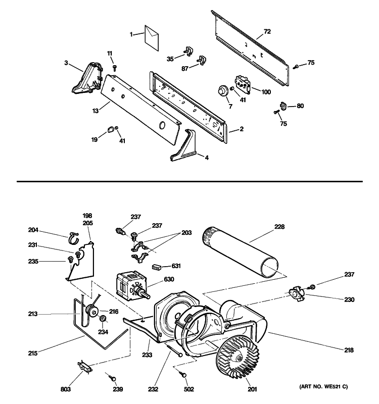 BACKSPLASH, BLOWER & MOTOR ASSEMBLY Diagram and Parts List for DLLSR33EF1WC  General Electric Dryer