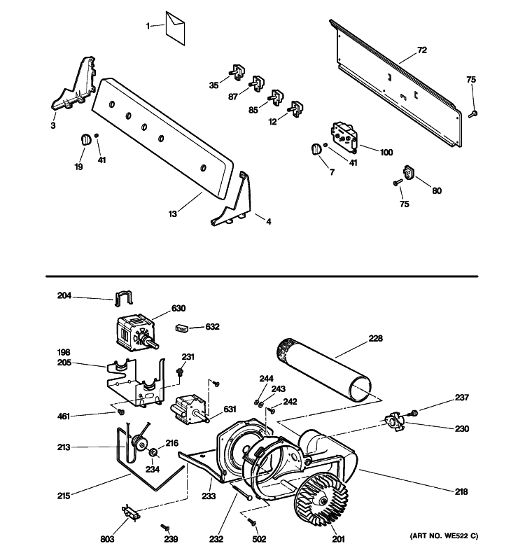 BACKSPLASH, BLOWER & MOTOR ASSEMBLY Diagram and Parts List for DLSR483EG3WW  General Electric Dryer