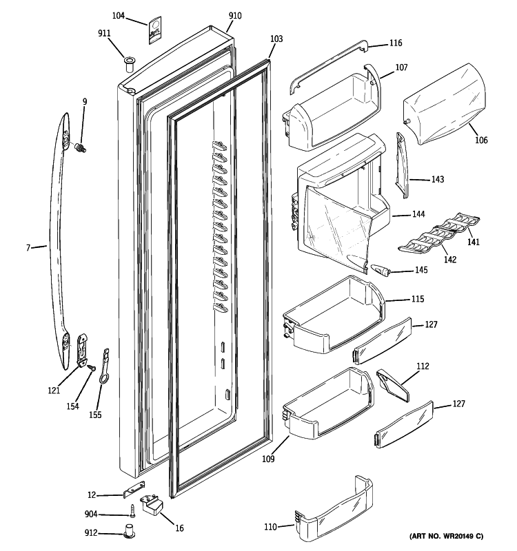 FRESH FOOD DOOR Diagram and Parts List for PSDF5YGXBFBB  General Electric Refrigerator