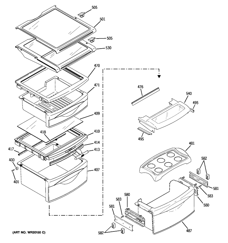 FRESH FOOD SHELVES Diagram and Parts List for PSDS3YGXBFSS  General Electric Refrigerator