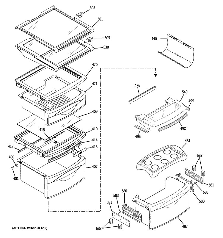 FRESH FOOD SHELVES Diagram and Parts List for ZFSB23DXASS  General Electric Refrigerator
