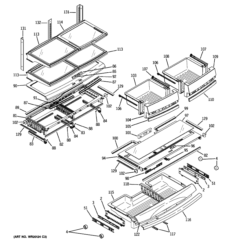 FRESH FOOD SHELVES Diagram and Parts List for PFSS5PJXASS  General Electric Refrigerator