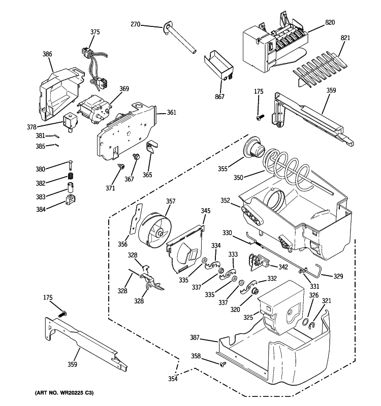 ICE MAKER & DISPENSER Diagram and Parts List for PSCF5VGXAFWW  General Electric Refrigerator