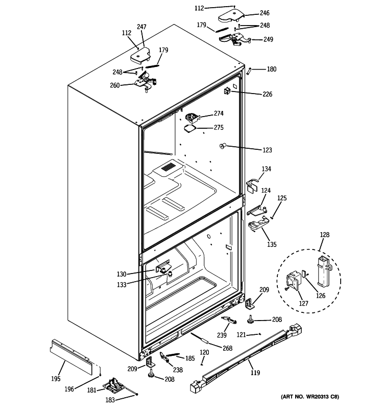 CASE PARTS Diagram and Parts List for PFSF5NJXAWW  General Electric Refrigerator