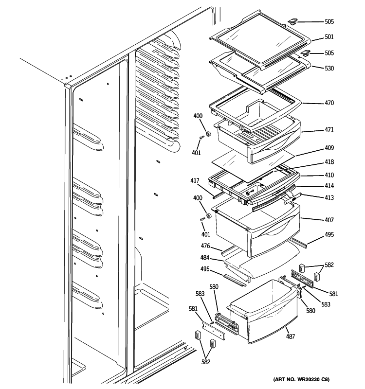 FRESH FOOD SHELVES Diagram and Parts List for PSCS5RGXAFSS  General Electric Refrigerator