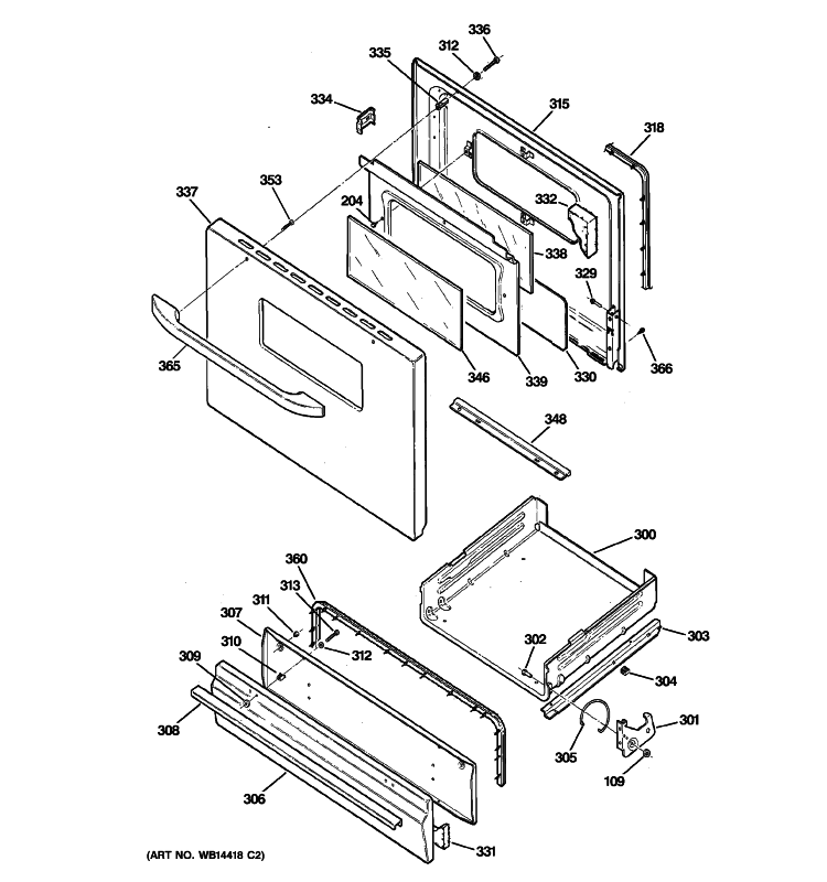 DOOR & DRAWER PARTS Diagram and Parts List for RGB528PEN1BB  Hotpoint Range