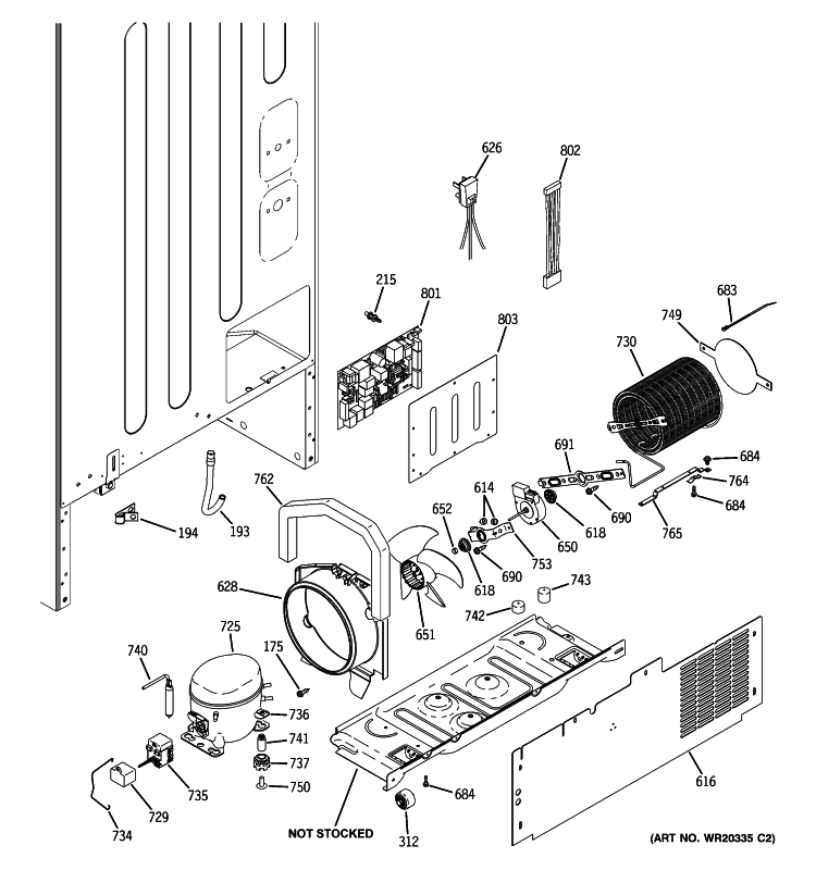 MACHINE COMPARTMENT Diagram and Parts List for GDSS0KBXARSS  General Electric Refrigerator