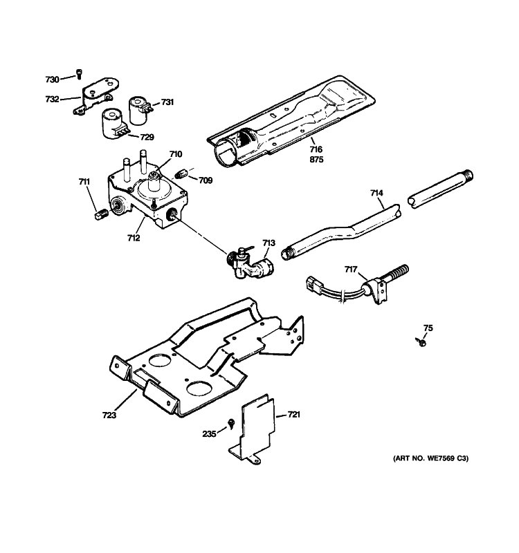 GAS VALVE & BURNER ASSEMBLY Diagram and Parts List for DCCB330GG3WC  General Electric Dryer