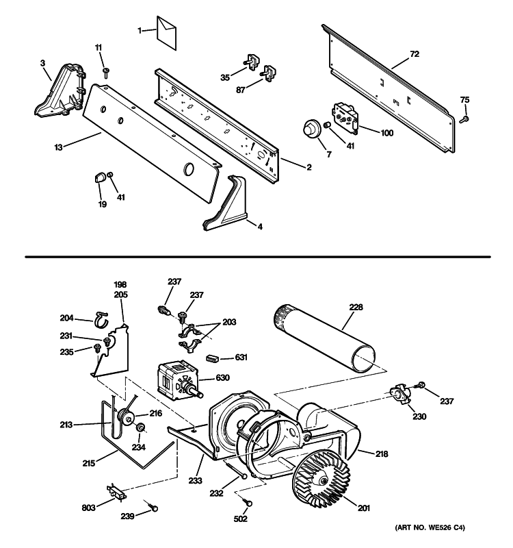 BACKSPLASH, BLOWER & MOTOR Diagram and Parts List for DISR333FC7WW  General Electric Dryer