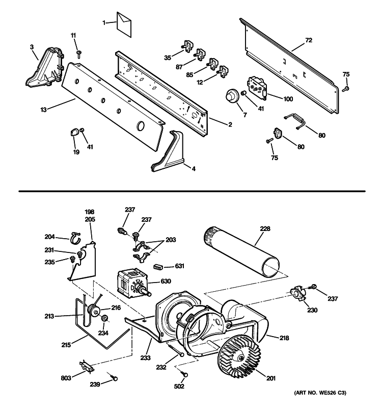 BACKSPLASH, BLOWER & MOTOR Diagram and Parts List for DISR473DG4WW  General Electric Dryer