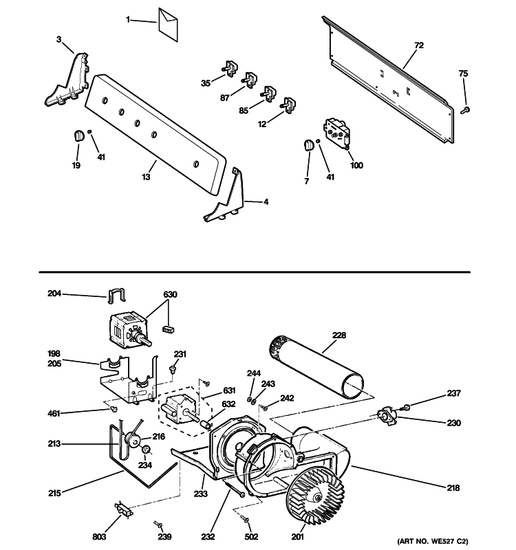 BACKSPLASH, BLOWER & MOTOR Diagram and Parts List for DLSR483GG4WW  General Electric Dryer