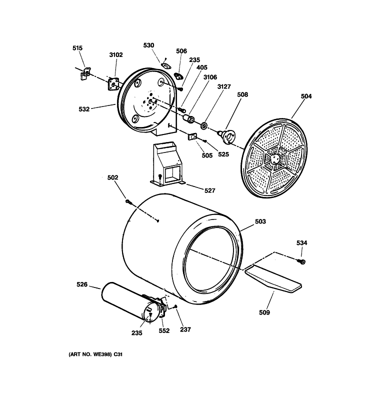 DRUM Diagram and Parts List for DLSR483GG4WW  General Electric Dryer