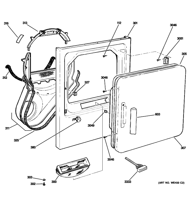FRONT PANEL & DOOR Diagram and Parts List for DNCD450EG3WC  General Electric Dryer