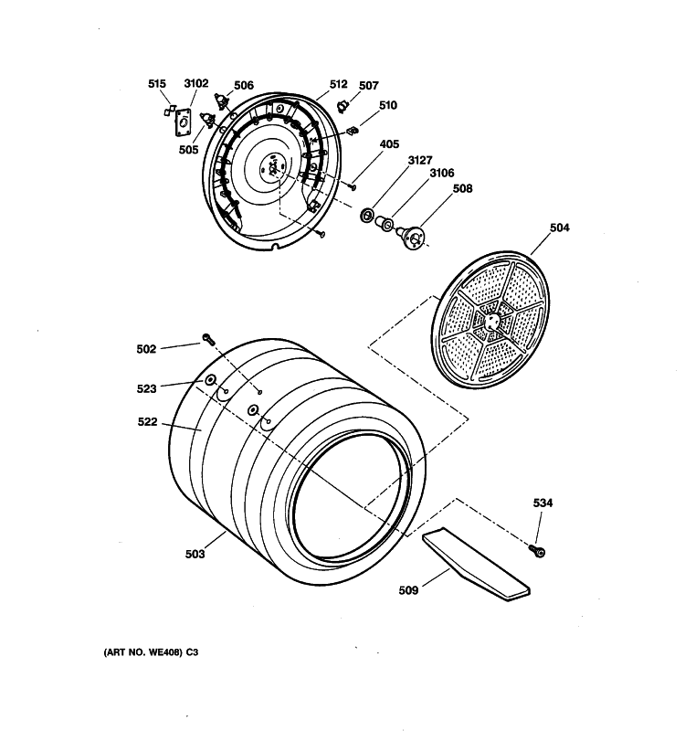 DRUM Diagram and Parts List for DNCD450EG3WC  General Electric Dryer