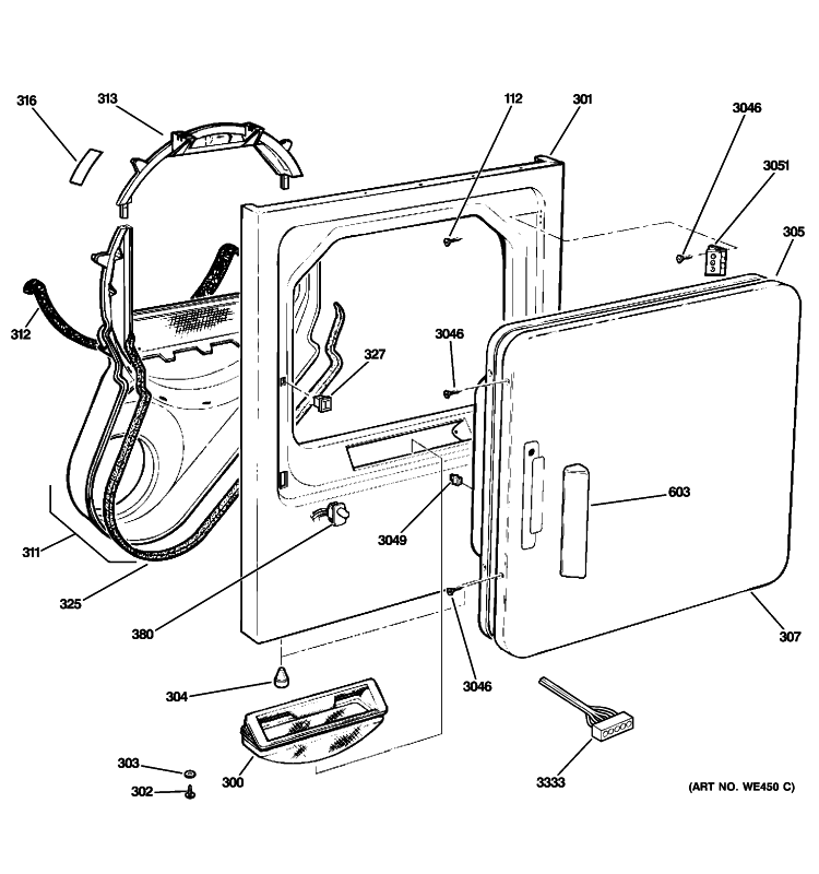 FRONT PANEL & DOOR Diagram and Parts List for DNCD450GG3WC  General Electric Dryer