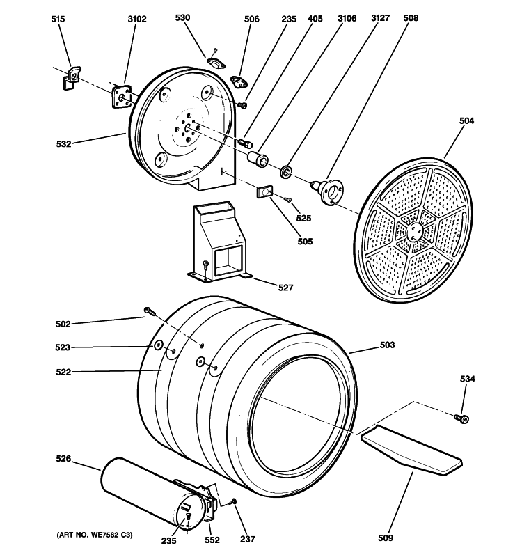 DRUM Diagram and Parts List for DNCK440GG3WC  General Electric Dryer