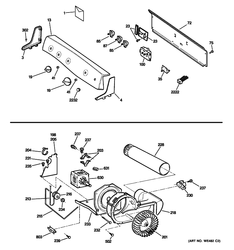 BACKSPLASH, BLOWER & MOTOR Diagram and Parts List for DPSR610EG3WT  General Electric Dryer