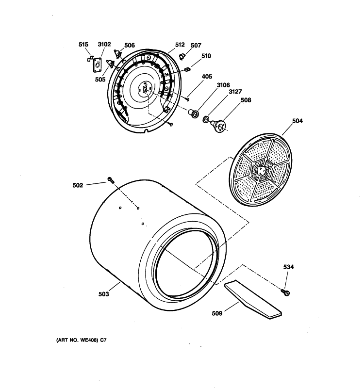 DRUM Diagram and Parts List for DWSR483EG6WW  General Electric Dryer