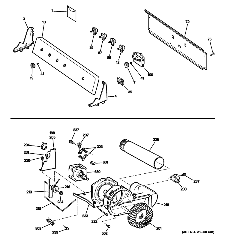 BACKSPLASH, BLOWER & MOTOR Diagram and Parts List for DWSR483GG4WW  General Electric Dryer