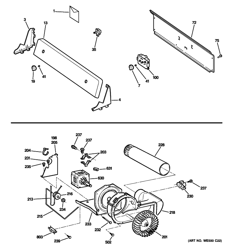 BACKSPLASH, BLOWER & MOTOR Diagram and Parts List for DX2300GG4WW  General Electric Dryer