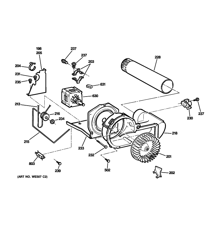 BLOWER & DRIVE ASSEMBLY Diagram and Parts List for DCCD330EG3WC  General Electric Dryer