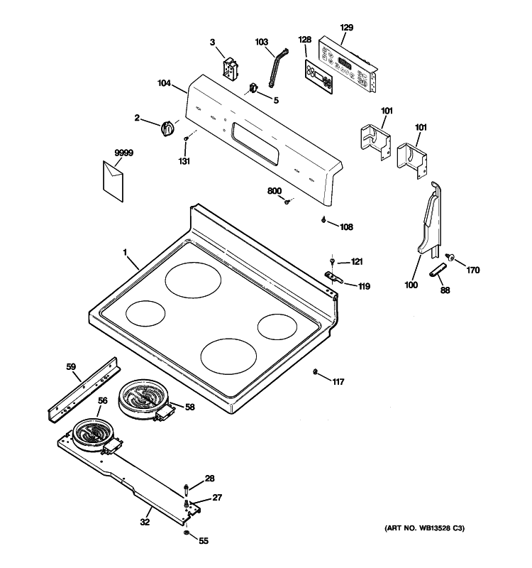 CONTROL PANEL & COOKTOP Diagram and Parts List for JBP60BM2WH  General Electric Range