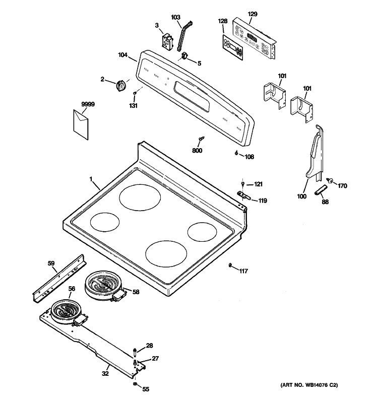 CONTROL PANEL & COOKTOP Diagram and Parts List for JBP61DM2WW  General Electric Range