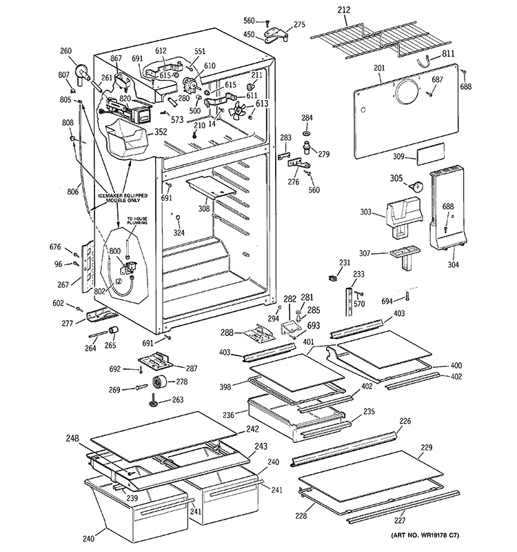 CABINET Diagram and Parts List for GTT18HCMERCC  General Electric Refrigerator