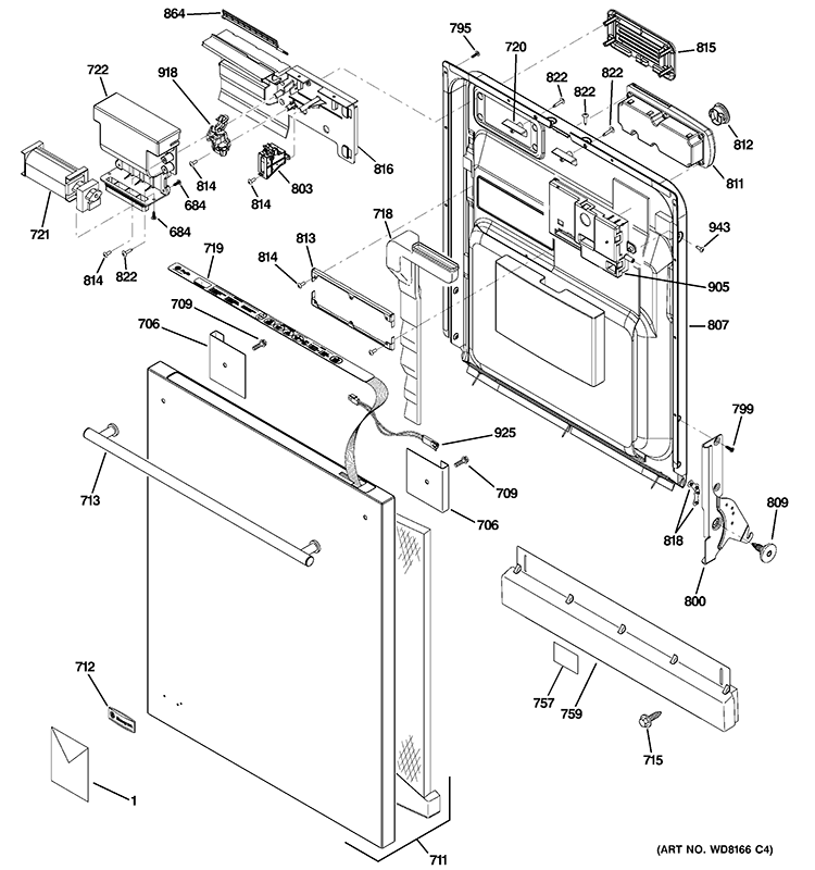 ESCUTCHEON & DOOR ASSEMBLY Diagram and Parts List for ZBD0710N00SS  General Electric Dishwasher