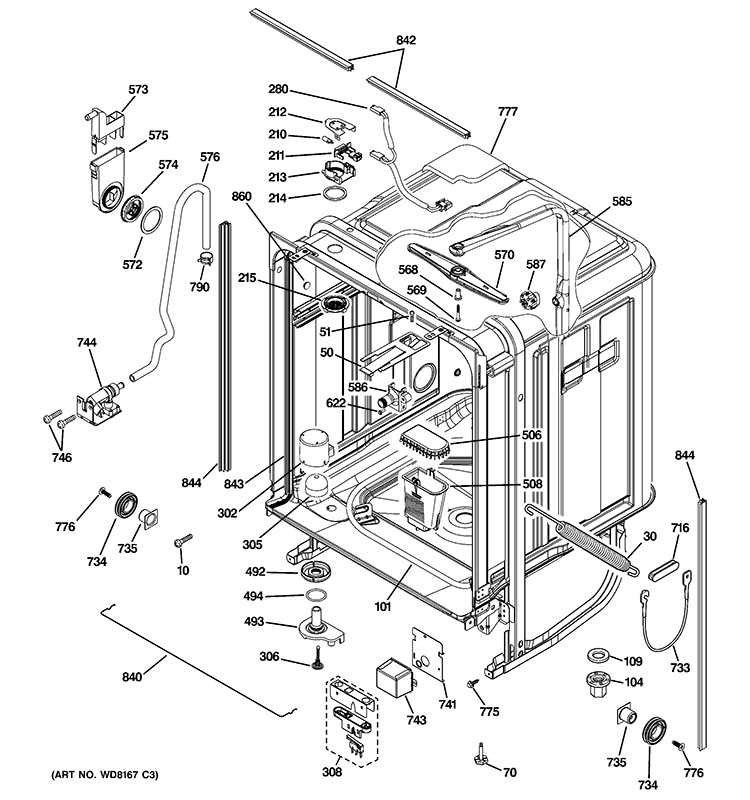 BODY PARTS Diagram and Parts List for ZBD0710N00SS  General Electric Dishwasher