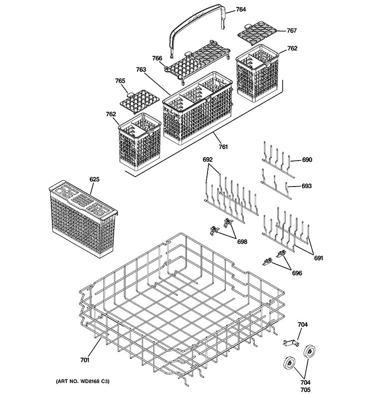 LOWER RACK ASSEMBLY Diagram and Parts List for ZBD0710N00SS  General Electric Dishwasher