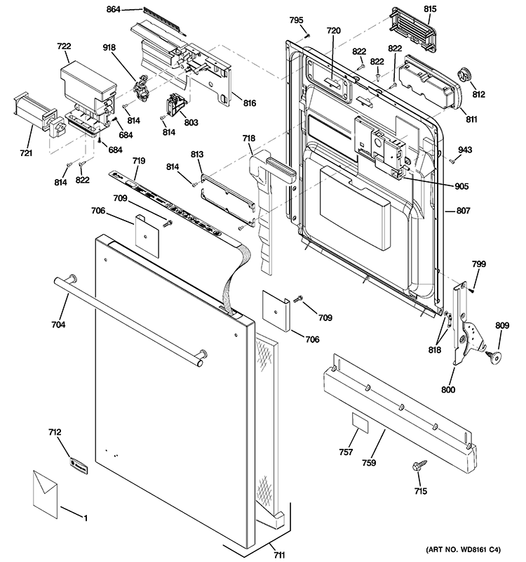 ESCUTCHEON & DOOR ASSEMBLY Diagram and Parts List for ZBD6800N00WW  General Electric Dishwasher