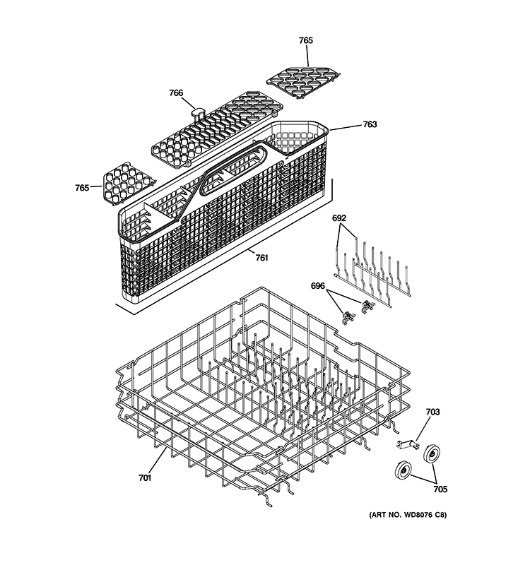 LOWER RACK ASSEMBLY Diagram and Parts List for ZBD6800N00WW  General Electric Dishwasher