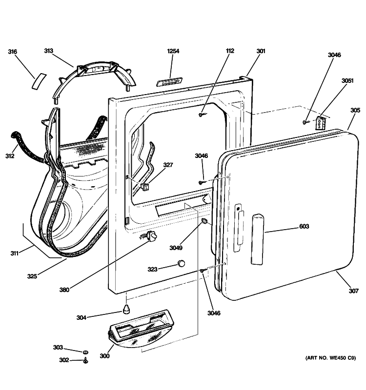 FRONT PANEL & DOOR Diagram and Parts List for DCCD330GG4WC  General Electric Dryer