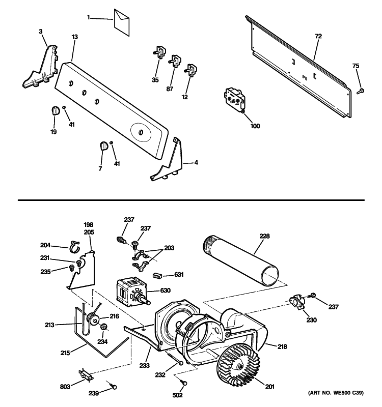 BACKSPLASH, BLOWER & MOTOR ASSEMBLY Diagram and Parts List for DHDSR46GG5WW  General Electric Dryer