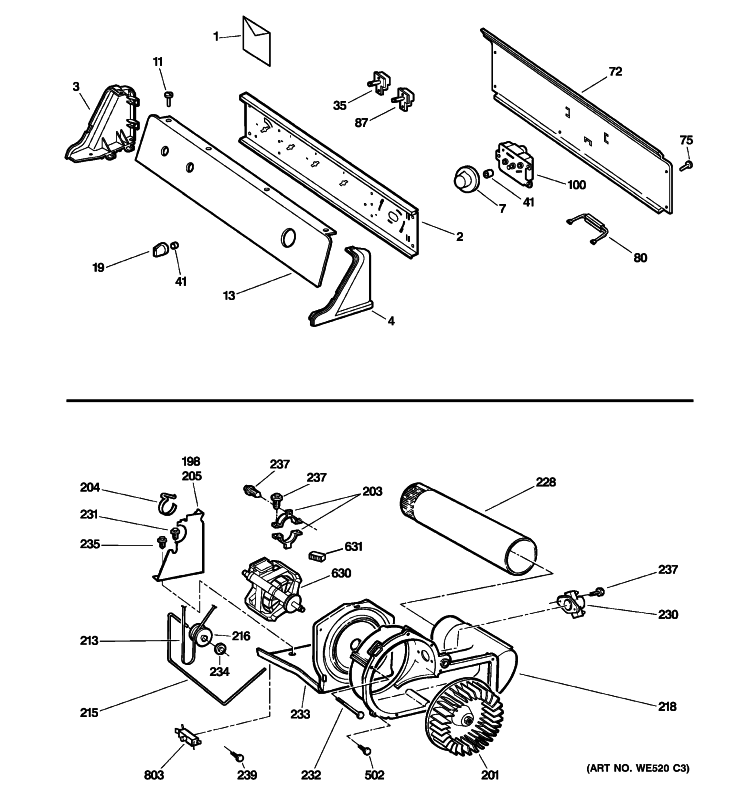 BACKSPLASH, BLOWER & MOTOR ASSEMBLY Diagram and Parts List for DIST333JTEWW  General Electric Dryer