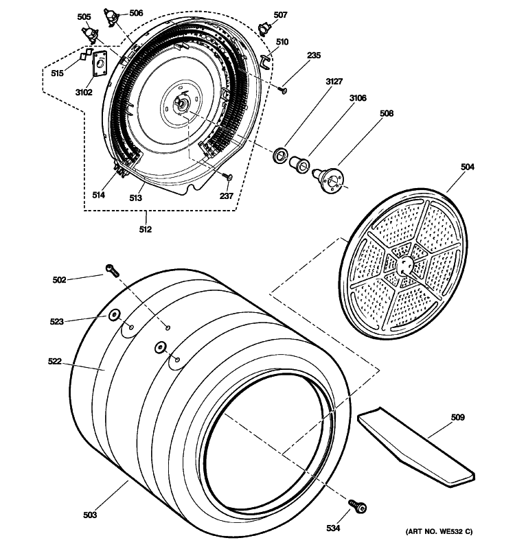 DRUM Diagram and Parts List for DNCD450EG4WC  General Electric Dryer