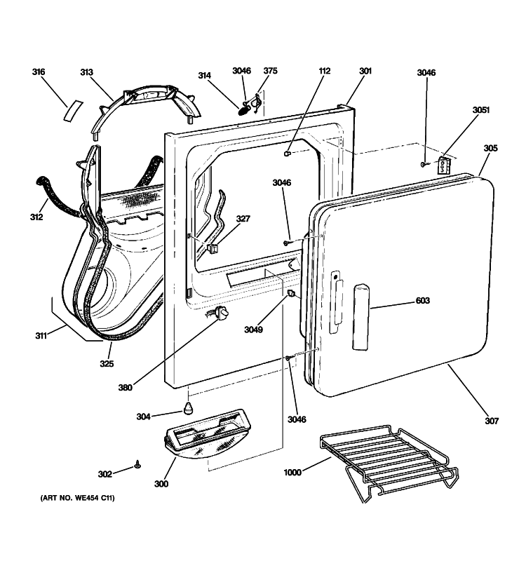 FRONT PANEL & DOOR Diagram and Parts List for DRSR495GG5WW  General Electric Dryer