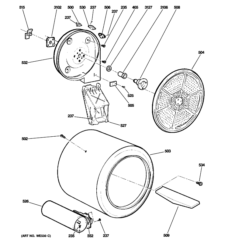 DRUM Diagram and Parts List for DWSR483GG5WW  General Electric Dryer