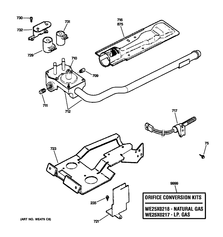 GAS VALVE & BURNER ASSEMBLY Diagram and Parts List for DWSR483GG5WW  General Electric Dryer