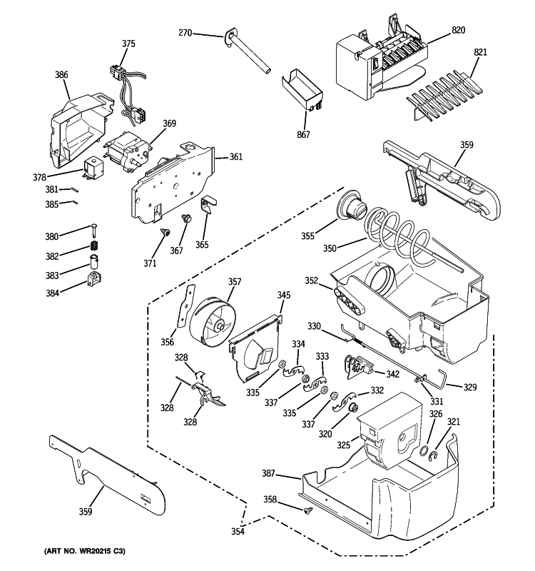 ICE MAKER & DISPENSER Diagram and Parts List for PHE25MGTFFWW  General Electric Refrigerator