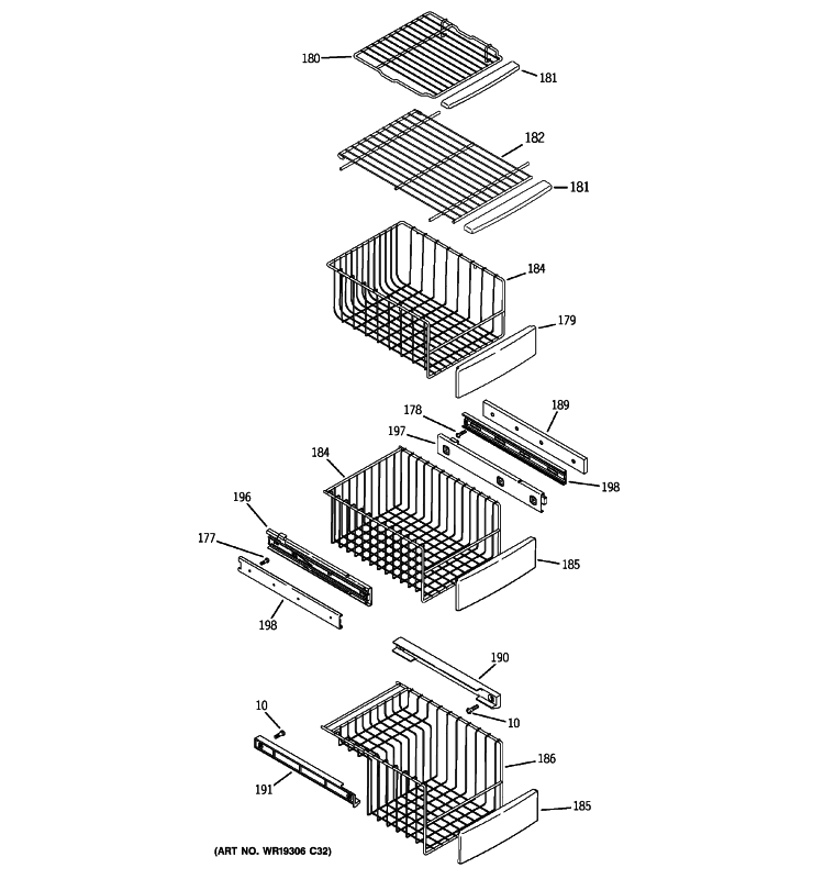 FREEZER SHELVES Diagram and Parts List for PHE25PGTFFBB  General Electric Refrigerator