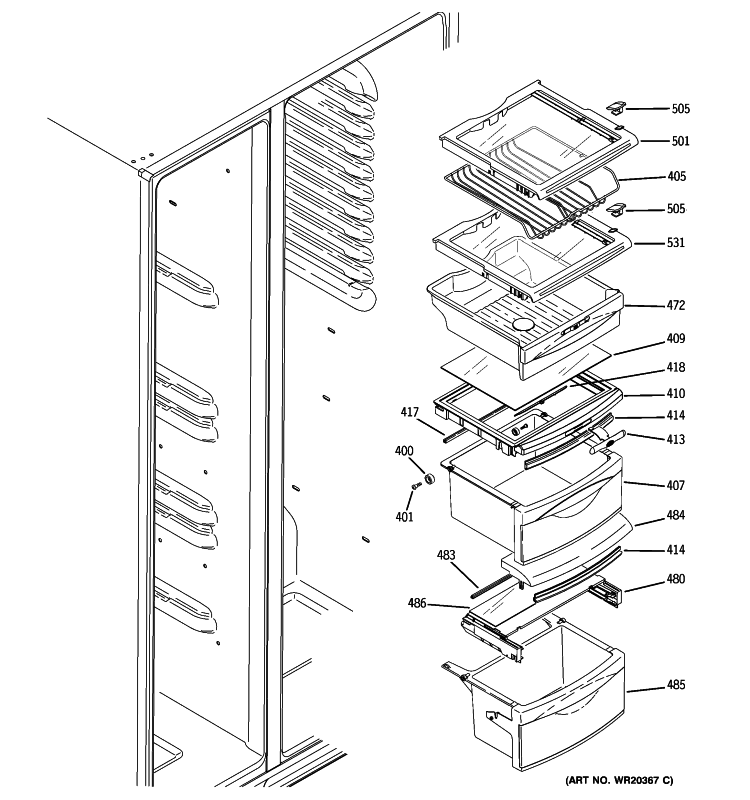 FRESH FOOD SHELVES Diagram and Parts List for LSHF5MGXBEBB  General Electric Refrigerator
