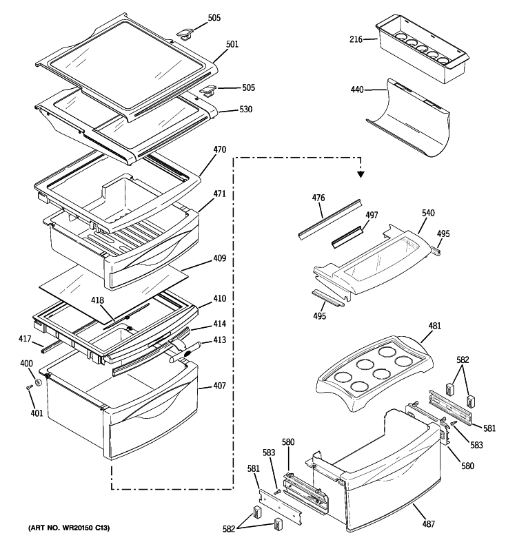 FRESH FOOD SHELVES Diagram and Parts List for PJE25PGTFFKB  General Electric Refrigerator