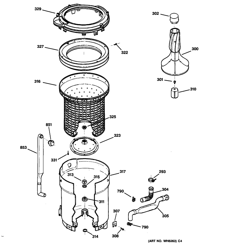 TUB, BASKET & AGITATOR Diagram and Parts List for WJSR2070B9WW  General Electric Washer