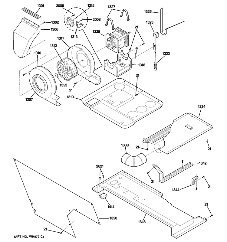 MOTOR, BLOWER & BELT Diagram and Parts List for WSM2700HAWWW  General Electric Washer Dryer Combo