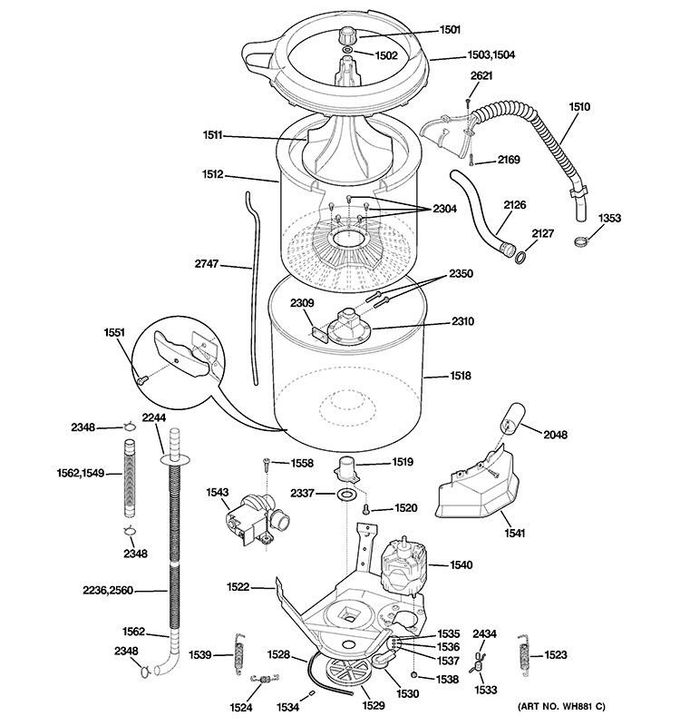 TUB & MOTOR Diagram and Parts List for WSM2700HAWWW  General Electric Washer Dryer Combo