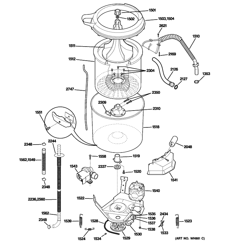 TUB & MOTOR Diagram and Parts List for WSM2700HBWWW  General Electric Washer Dryer Combo
