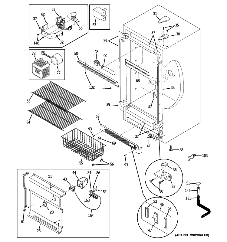 CABINET Diagram and Parts List for FUF14DUCRWW  General Electric Freezer
